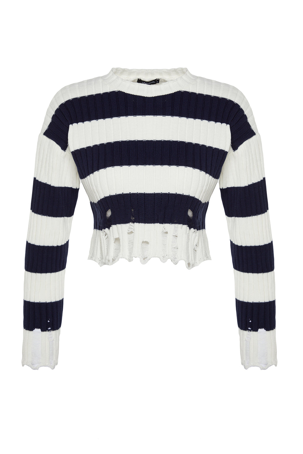 Trendyolmilla Siyah Crop Geniş Kalıp Çizgili Triko Kazak TWOAW24KZ00905