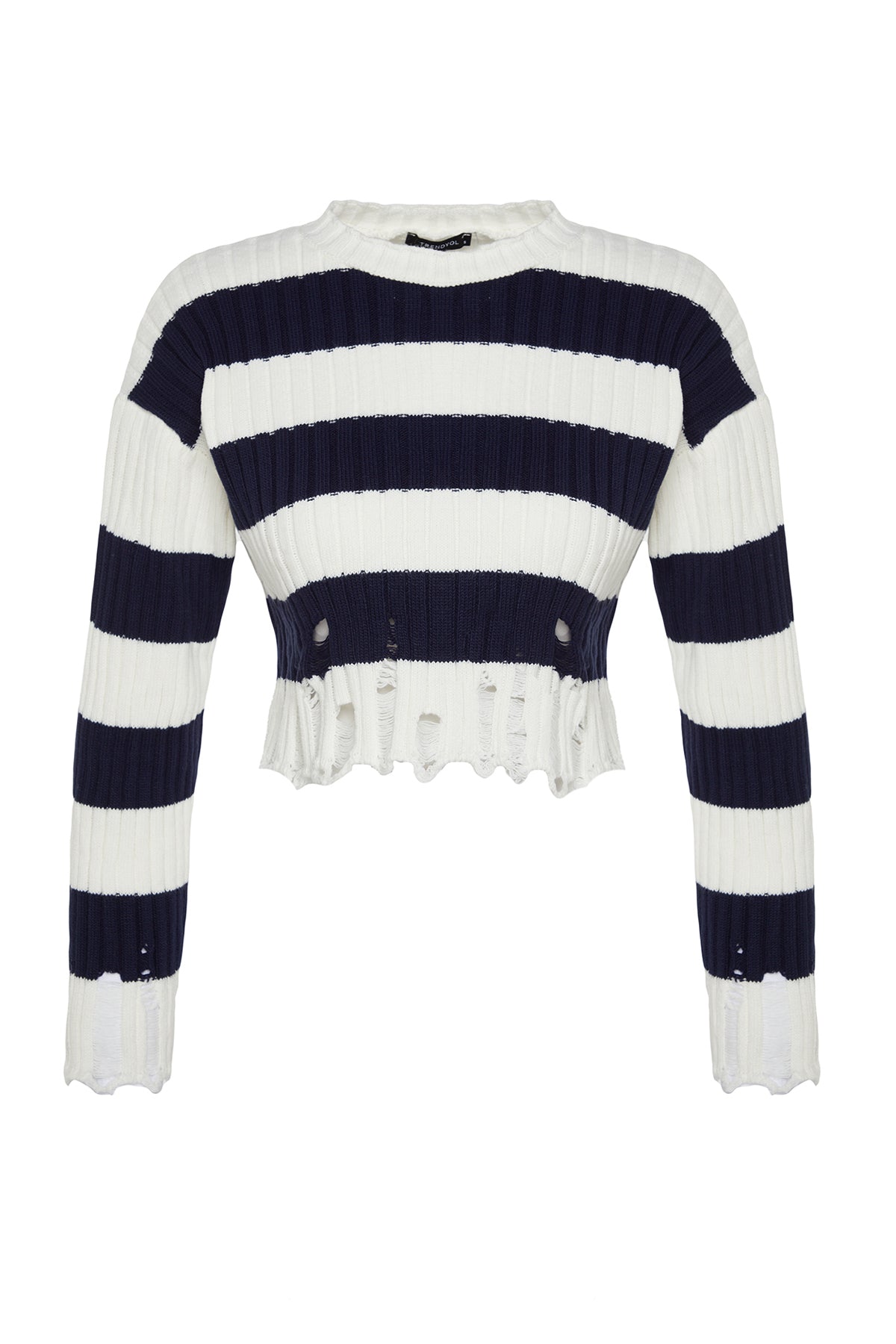 Trendyolmilla Siyah Crop Geniş Kalıp Çizgili Triko Kazak TWOAW24KZ00905