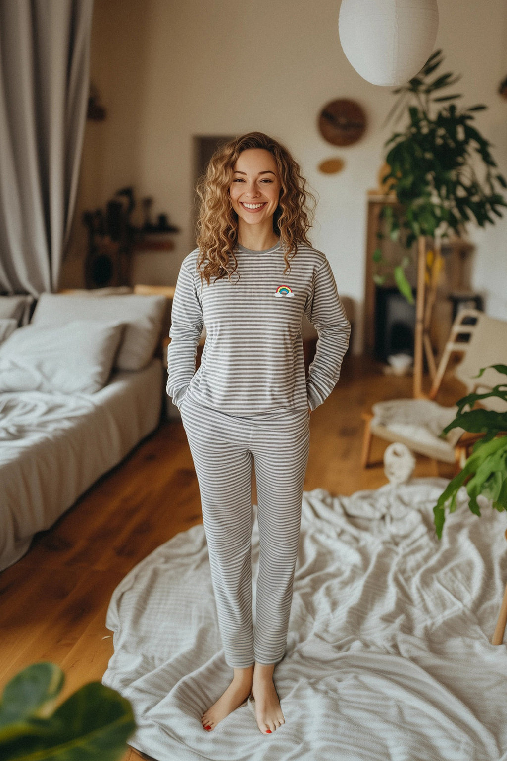 Trendyolmilla Kırmızı Çizgili Gökkuşağı Baskılı Viskon Örme Pijama Takımı THMAW25PT00014