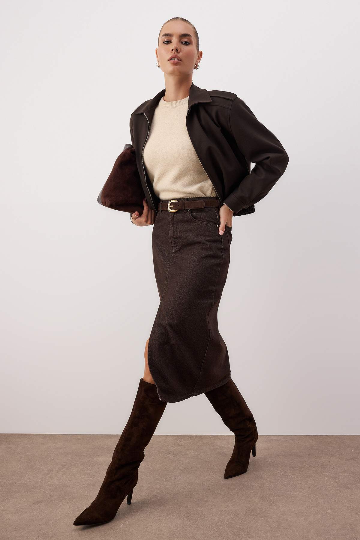 Kahverengi Denim Midi Etek TWOAW26ET00140 Secondary image