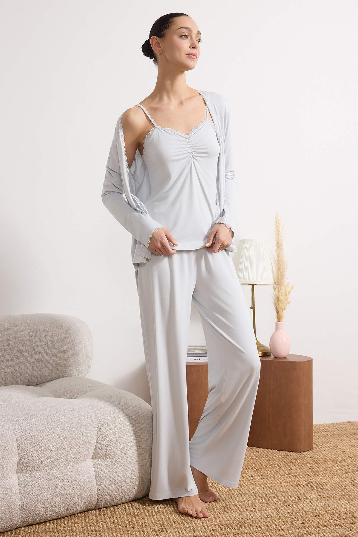 Trendyolmilla Açık Mavi 3'lü Dantelli Viskon Örme Pijama Takımı THMSS26PT00056 Main image