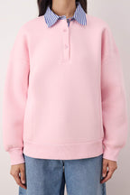 Trendyolmilla Ekru Oversize/Geniş Kalıp Dokuma Garni Detaylı Polo Yaka Örme Sweatshirt TWOAW26SW00116