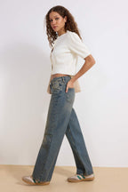 Koyu Mavi Premium Vintage Yıkama Efektli Düşük Bel Wide Leg Jeans TWOSS25JE00083