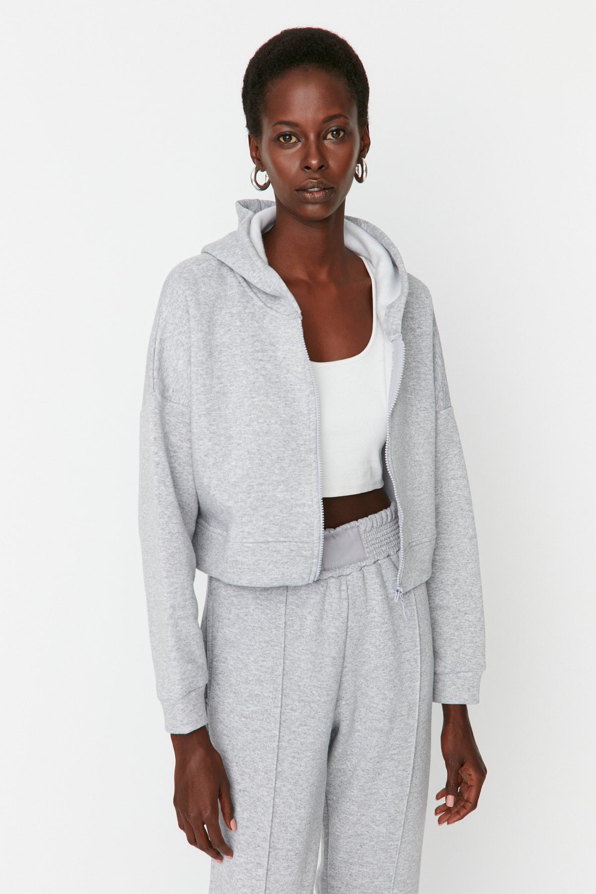 Trendyolmilla Petrol Fermuarlı Kapüşonlu Rahat Kesim Crop Kalın İçi Polarlı Örme Sweatshirt TWOAW20SW0660