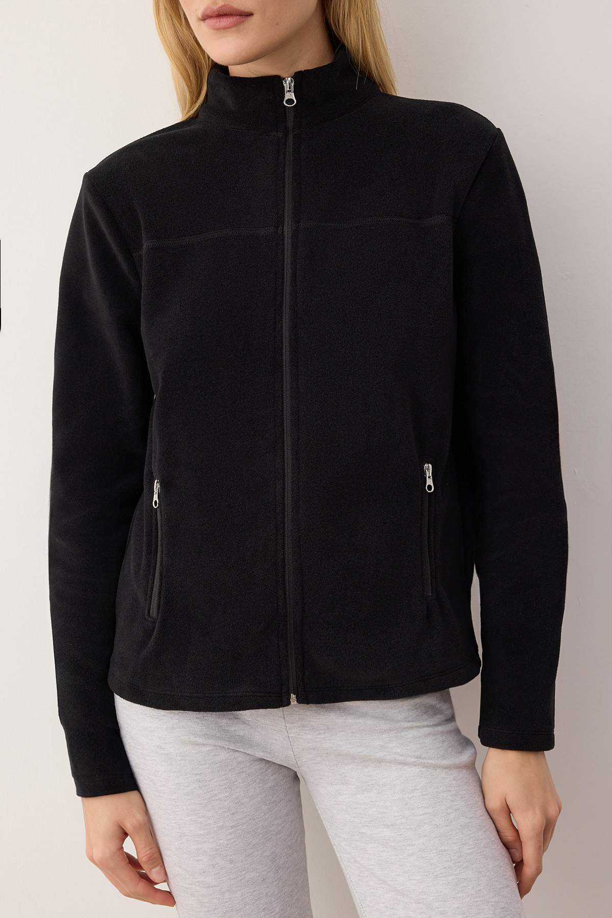 Trendyolmilla Pembe Polar Düz Dik Yaka Cepli Fermuarlı Regular/Normal Kesim Örme Sweatshirt TWOAW26SW00005