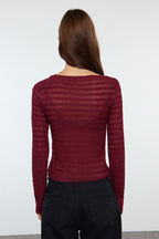 Trendyolmilla Bordo Fitted/Vücuda Oturan Dokulu Tül Esnek Örme Bluz TWOAW25BZ00207