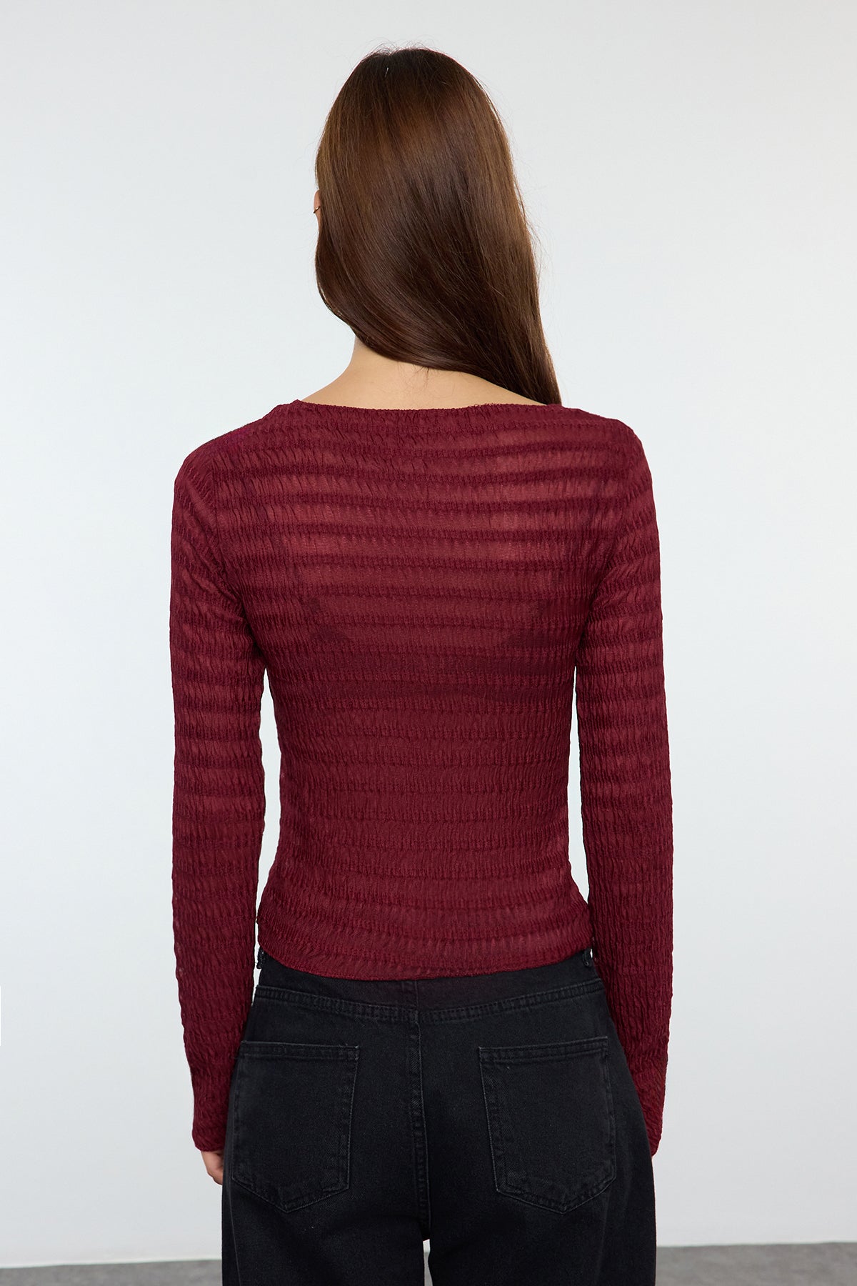 Trendyolmilla Bordo Fitted/Vücuda Oturan Dokulu Tül Esnek Örme Bluz TWOAW25BZ00207