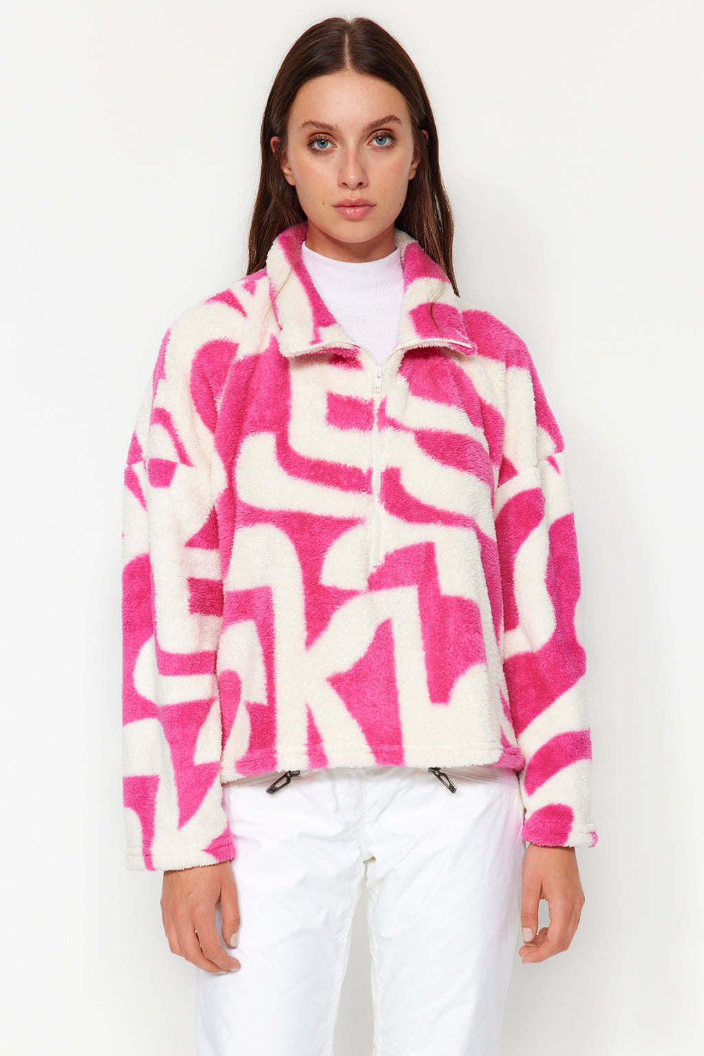 Fuşya Kalın Polar Desenli Fermuarlı Dik Yaka Uzun Kol Örme Sweatshirt TWOAW24SW00045