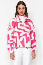 Fuşya Kalın Polar Desenli Fermuarlı Dik Yaka Uzun Kol Örme Sweatshirt TWOAW24SW00045