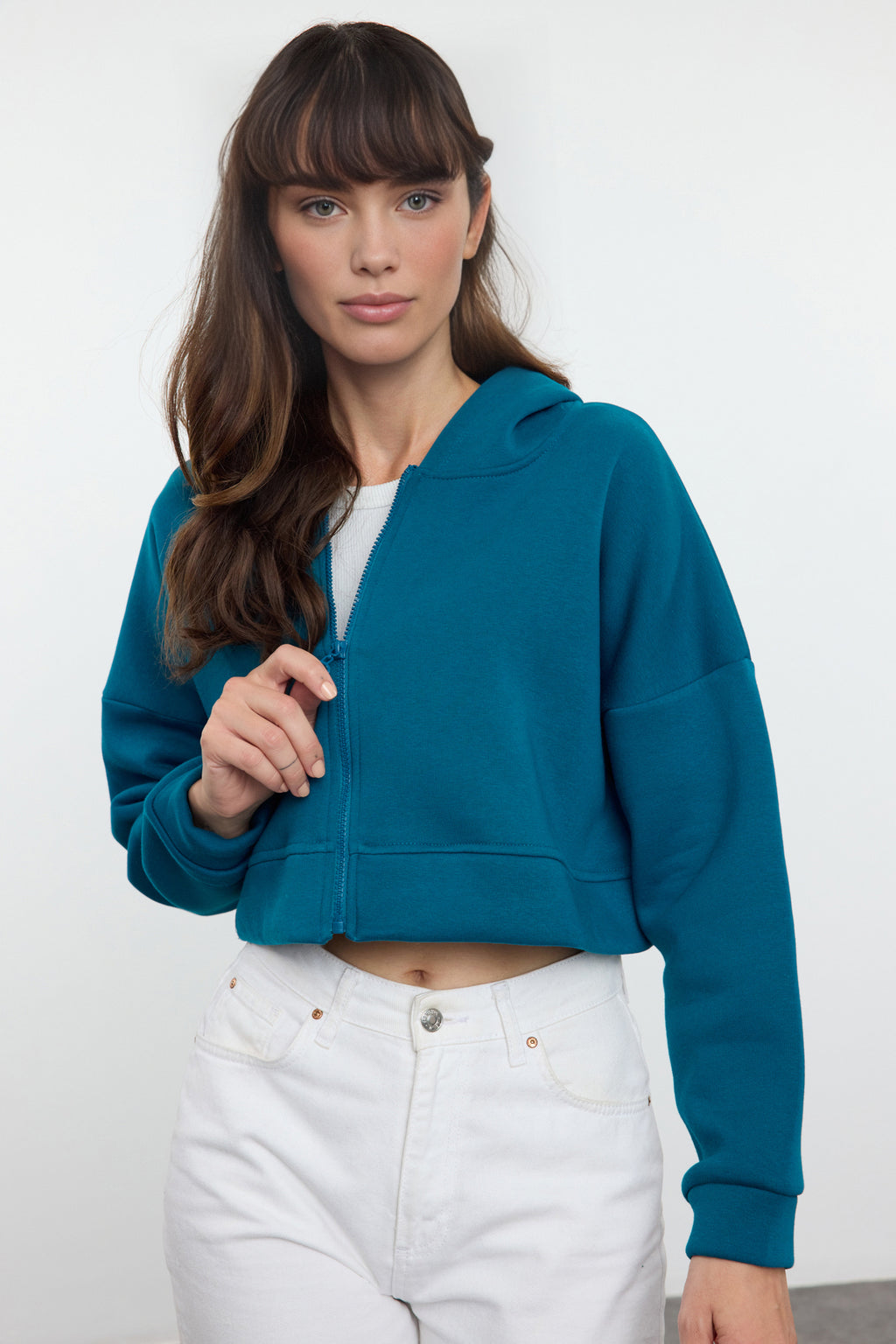 Trendyolmilla Petrol Fermuarlı Kapüşonlu Rahat Kesim Crop Kalın İçi Polarlı Örme Sweatshirt TWOAW20SW0660