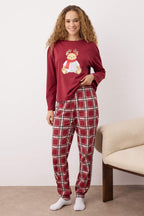 Kadın Couple/Çift Bordo %100 Pamuklu Yılbaşı Temalı Ekoseli Örme Pijama Takımı THMAW26PT00170