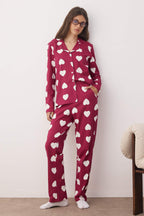 Trendyolmilla Mürdüm %100 Pamuklu Kalpli Gömlek-Pantolon Örme Pijama Takımı THMAW24PT00253