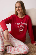 Trendyolmilla Kırmızı Pamuklu Kalpli Slogan Baskılı Uyku Bantlı Örme Pijama Takımı THMAW25PT00223