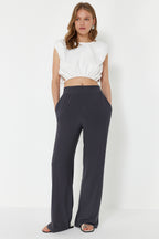 Trendyolmilla Antrasit Wide Leg/Rahat Kesim Yüksek Bel Esnek Pantolon TWOSS23PL00129
