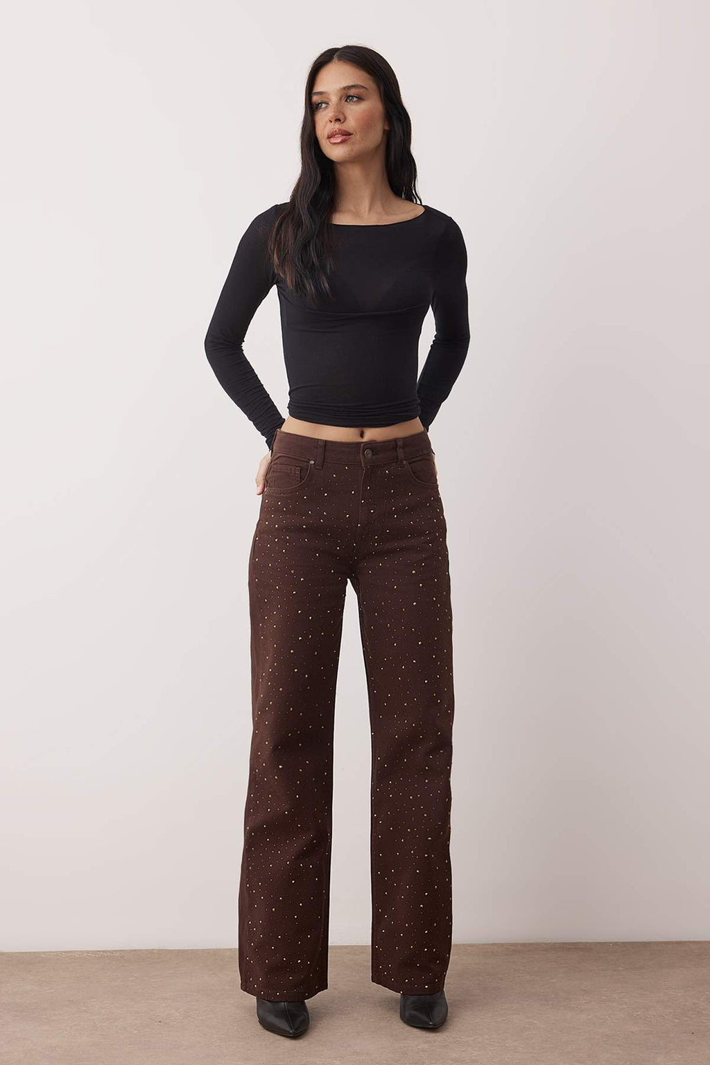 Trendyolmilla Kahverengi Taşlı Yüksek Bel Wide Leg Jeans TWOAW23JE00442
