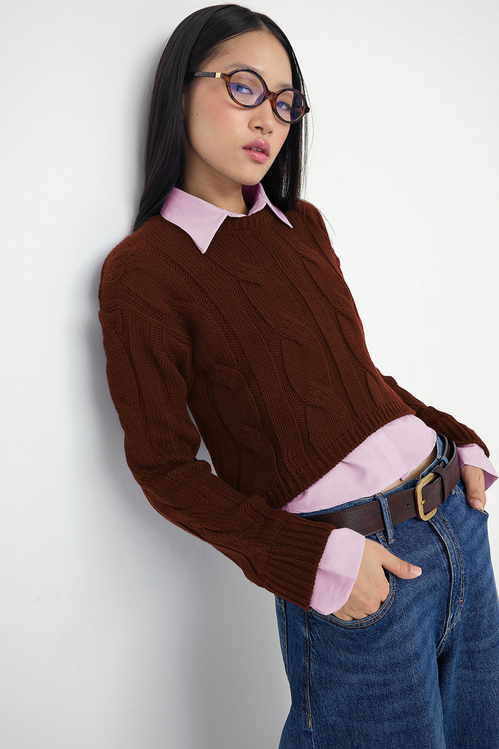 Trendyolmilla Teen Koyu Gri Gömlek Garnili Detaylı Crop Triko Kazak TWOAW26KZ00047