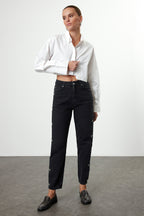 Siyah Taşlı Yüksek Bel Mom %100 Pamuk Non-Stretch Jeans TWOAW25JE00255