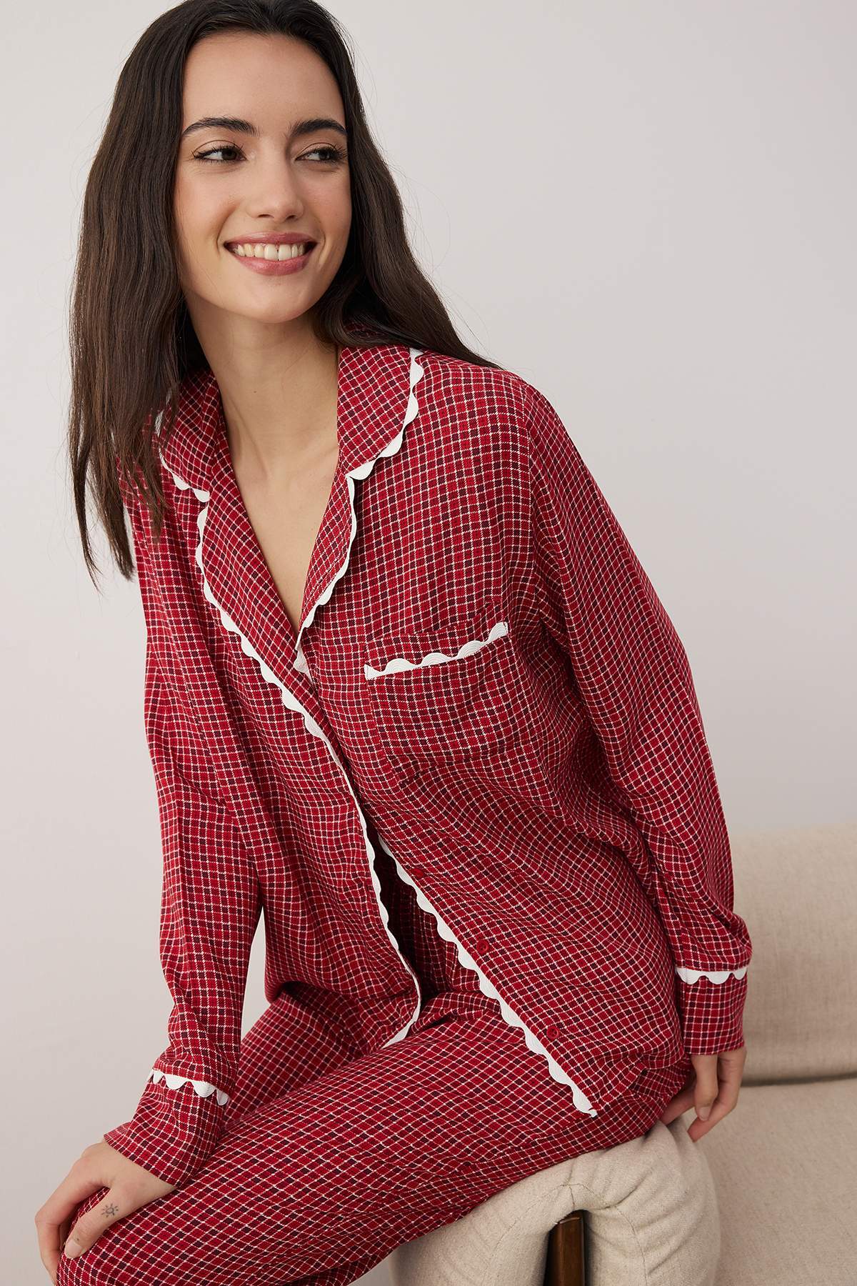 Bordo Ekose / Kareli Viskon Dokuma Pijama Takımı THMAW26PT00100 Main image