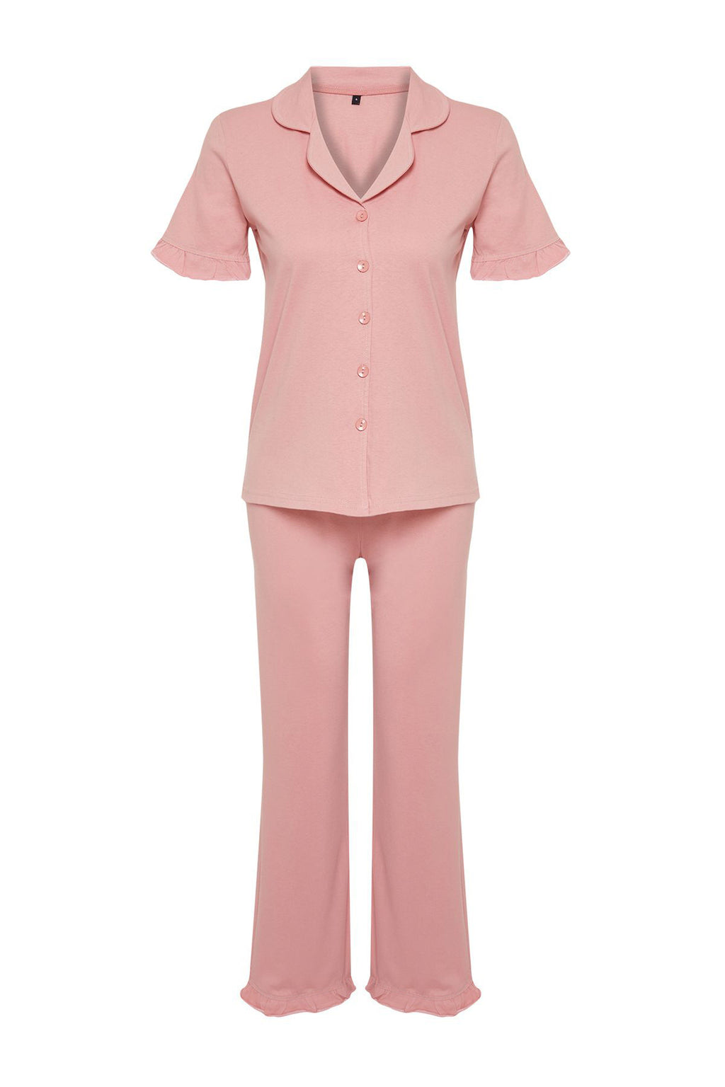 Trendyolmilla Gül Kurusu %100 Pamuklu Fırfır Detaylı Örme Pijama Takımı THMSS24PT00223