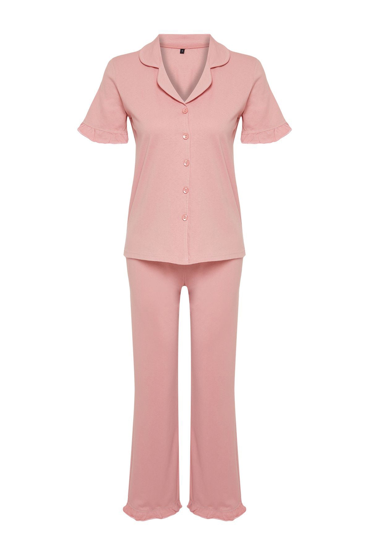Trendyolmilla Gül Kurusu %100 Pamuklu Fırfır Detaylı Örme Pijama Takımı THMSS24PT00223