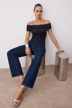 Siyah Taş Baskılı Carmen Yaka Örme Sandy Party Bluz TPRSS25BZ00055