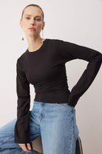 Trendyolmilla Gri İspanyol Kol Büzgü Detaylı Regular/Normal Kalıp Örme Bluz TWOAW26BZ00293