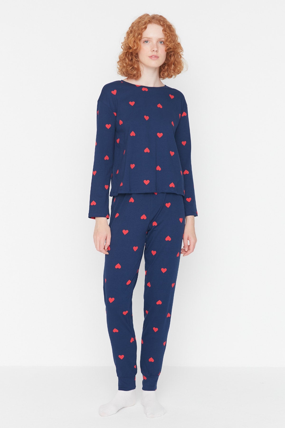 Trendyolmilla Kadın Mini Me/Anne Kız Pembe %100 Pamuklu Kalpli Örme Pijama Takımı THMAW21PT0566