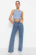 Trendyolmilla Koyu Mavi Bel Detaylı Yüksek Bel Wide Leg Jeans TWOSS21JE0385