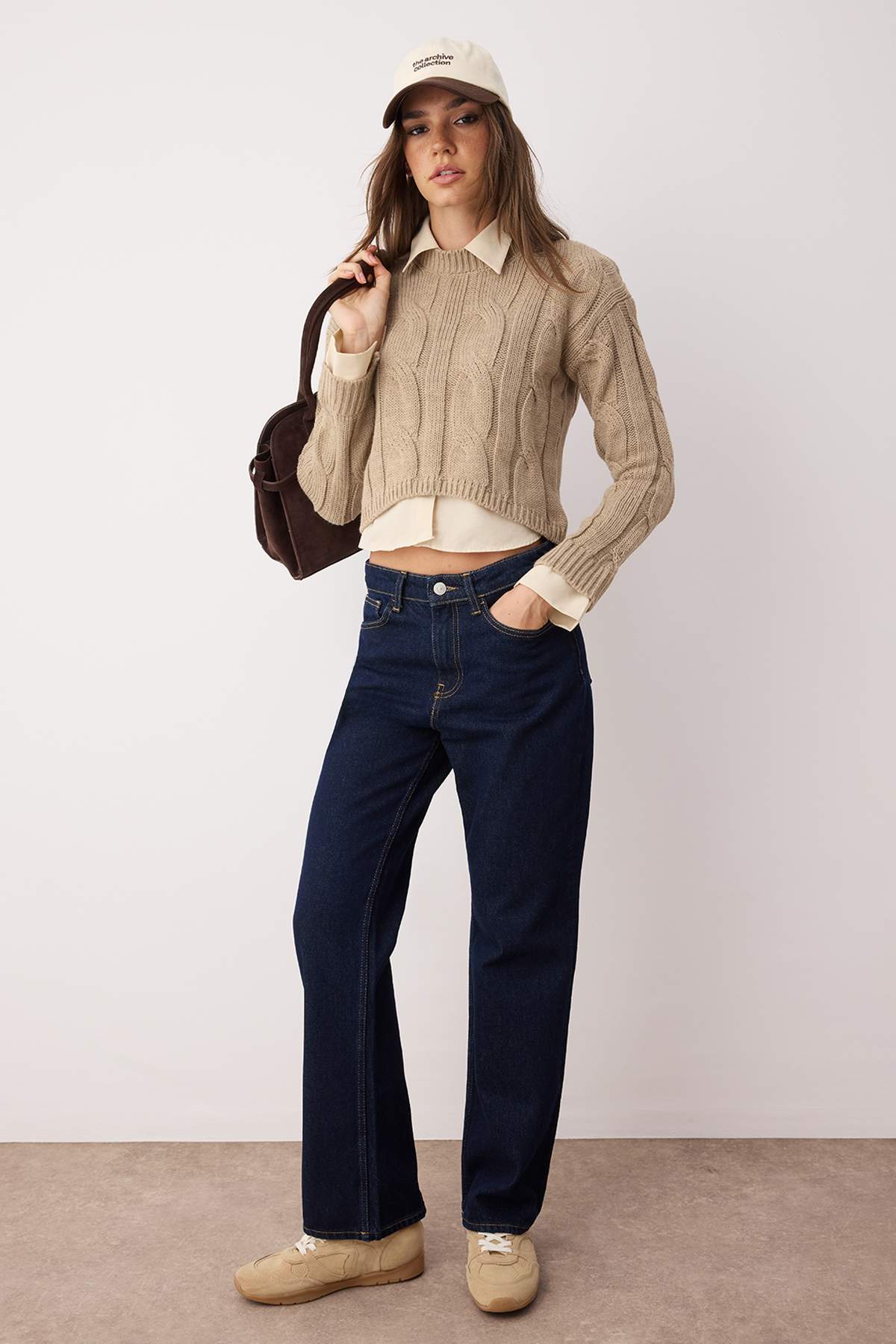 Trendyolmilla Teen Koyu Gri Gömlek Garnili Detaylı Crop Triko Kazak TWOAW26KZ00047
