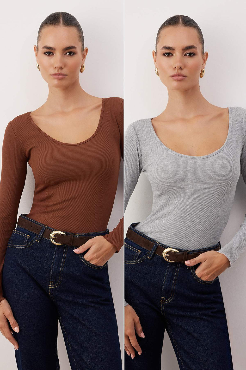 Trendyolmilla Bordo-Taş 2'li Paket V Yaka Fitted/Vücuda Oturan Pamuklu Esnek Örme Bluz TWOAW24BZ00068