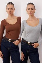 Trendyolmilla Bordo-Taş 2'li Paket V Yaka Fitted/Vücuda Oturan Pamuklu Esnek Örme Bluz TWOAW24BZ00068