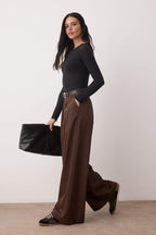 Koyu Kahverengi Kemerli Wideleg/Geniş Paça Pantolon TWOAW26PL00162