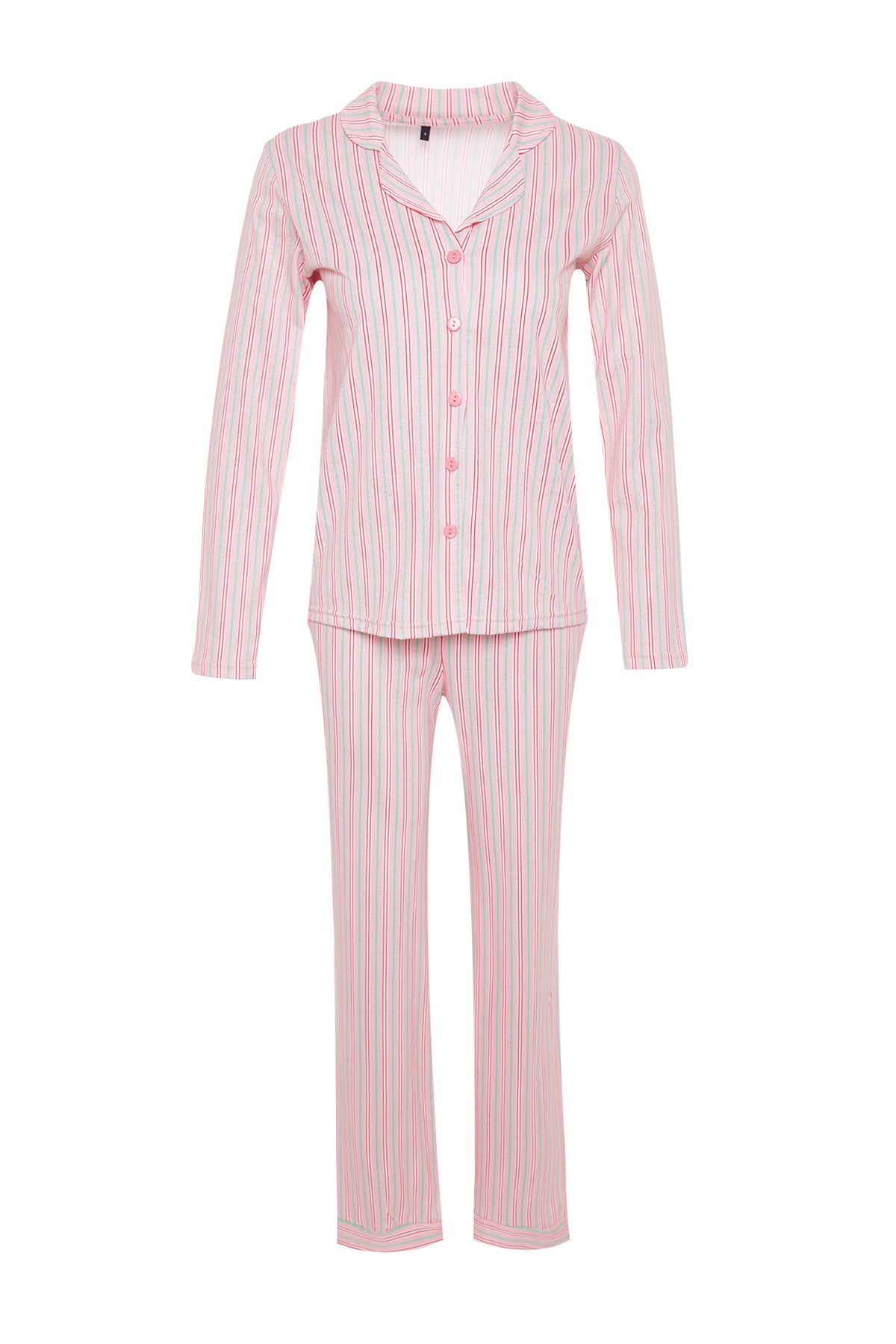 Trendyolmilla Mavi %100 Pamuklu Çizgili Gömlek-Pantolon Örme Pijama Takımı THMAW24PT00144