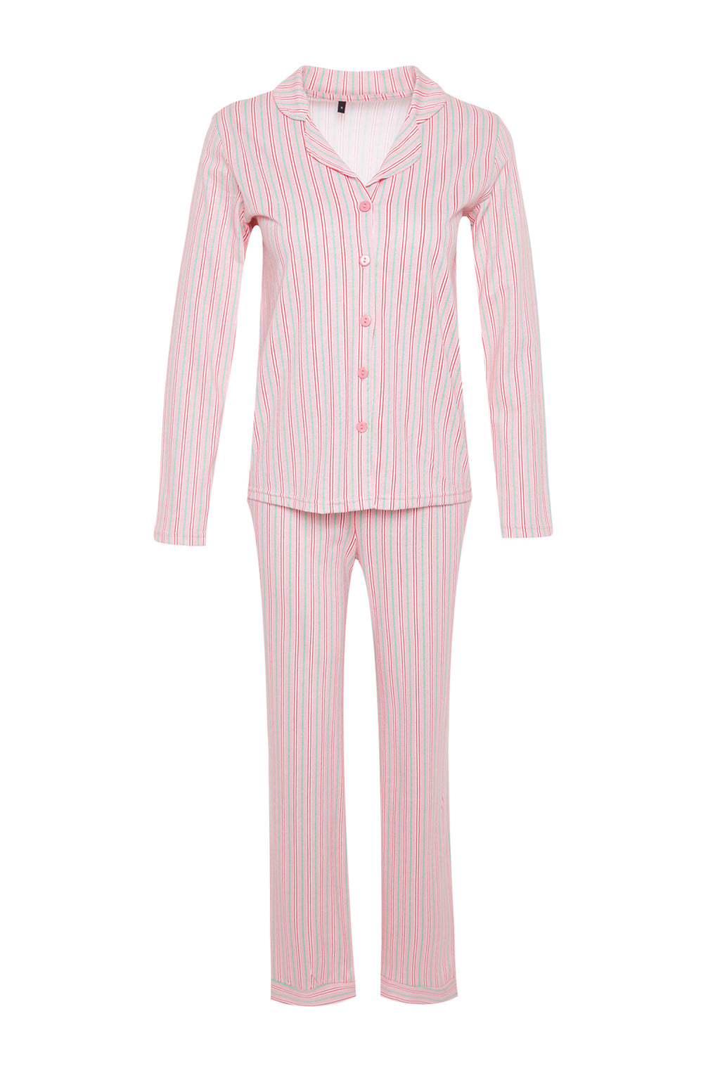 Trendyolmilla Pembe %100 Pamuklu Çizgili Gömlek-Pantolon Örme Pijama Takımı THMAW24PT00144