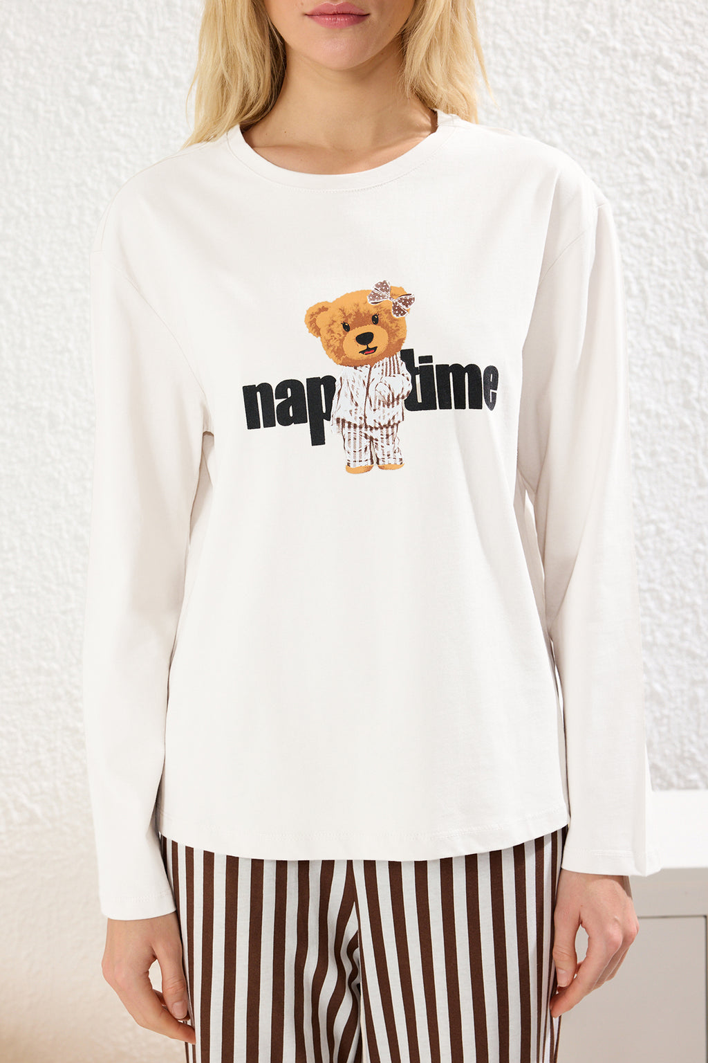 Trendyolmilla Mint %100 Pamuklu Çizgili Ayıcıklı Örme Pijama Takımı THMAW25PT00171