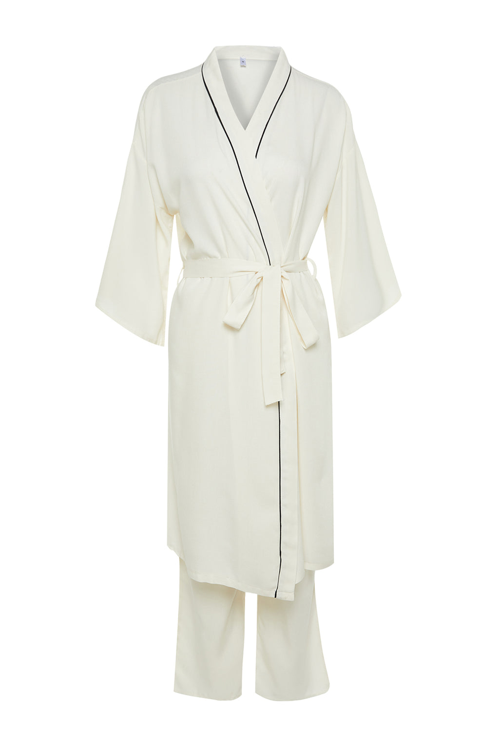 Bej 2'li Viskon Biyeli Dokuma Sabahlık-Pijama Altı THMAW24PT00074