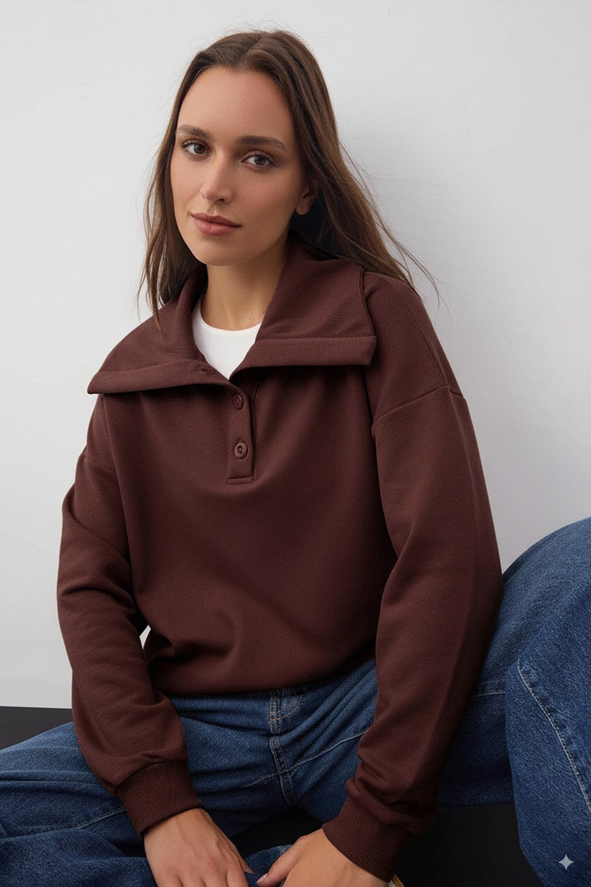 Trendyolmilla Wardrobe Essentials – Kahverengi Polo Yaka Örme Sweatshirt | TWOAW26SW00041 Secondary image