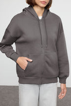 Trendyolmilla Bordo Oversize/Rahat Kesim Fermuarlı Kalın İçi Polarlı Örme Sweatshirt TWOAW24SW00188