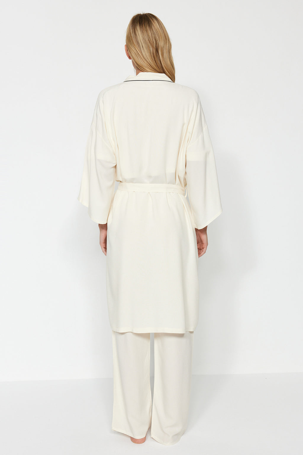 Bej 2'li Viskon Biyeli Dokuma Sabahlık-Pijama Altı THMAW24PT00074