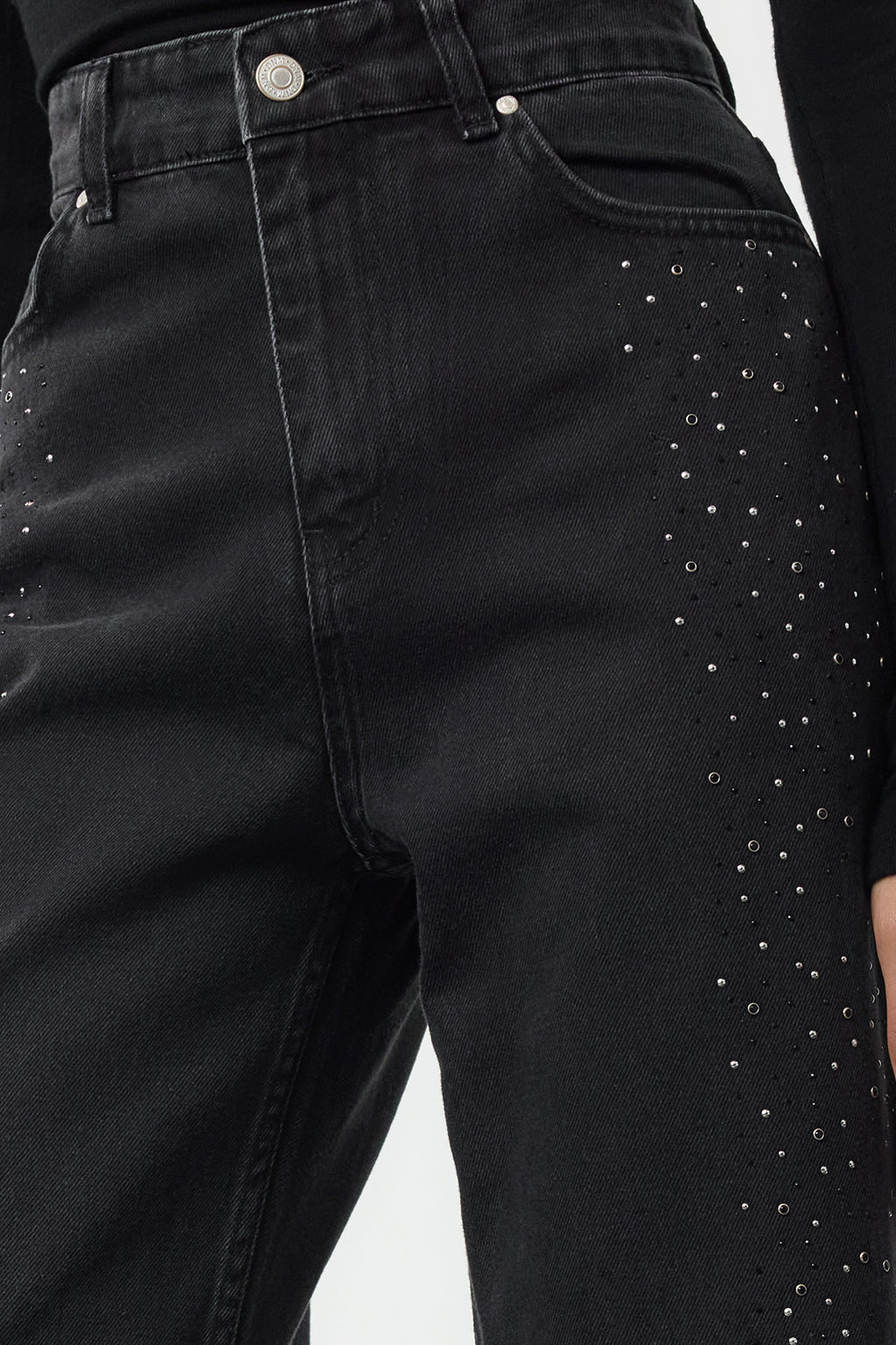 Siyah Taşlı Yüksek Bel Wide Leg Geniş Paça %100 Pamuk Non-Stretch Jeans TWOAW25JE00379