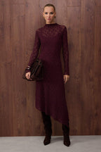 Trendyolmilla Özel Koleksiyon Mürdüm Düz Asimetrik Bodycon/Vücuda Oturan Maxi Örme Dantel Elbise TWOAW26EL00057
