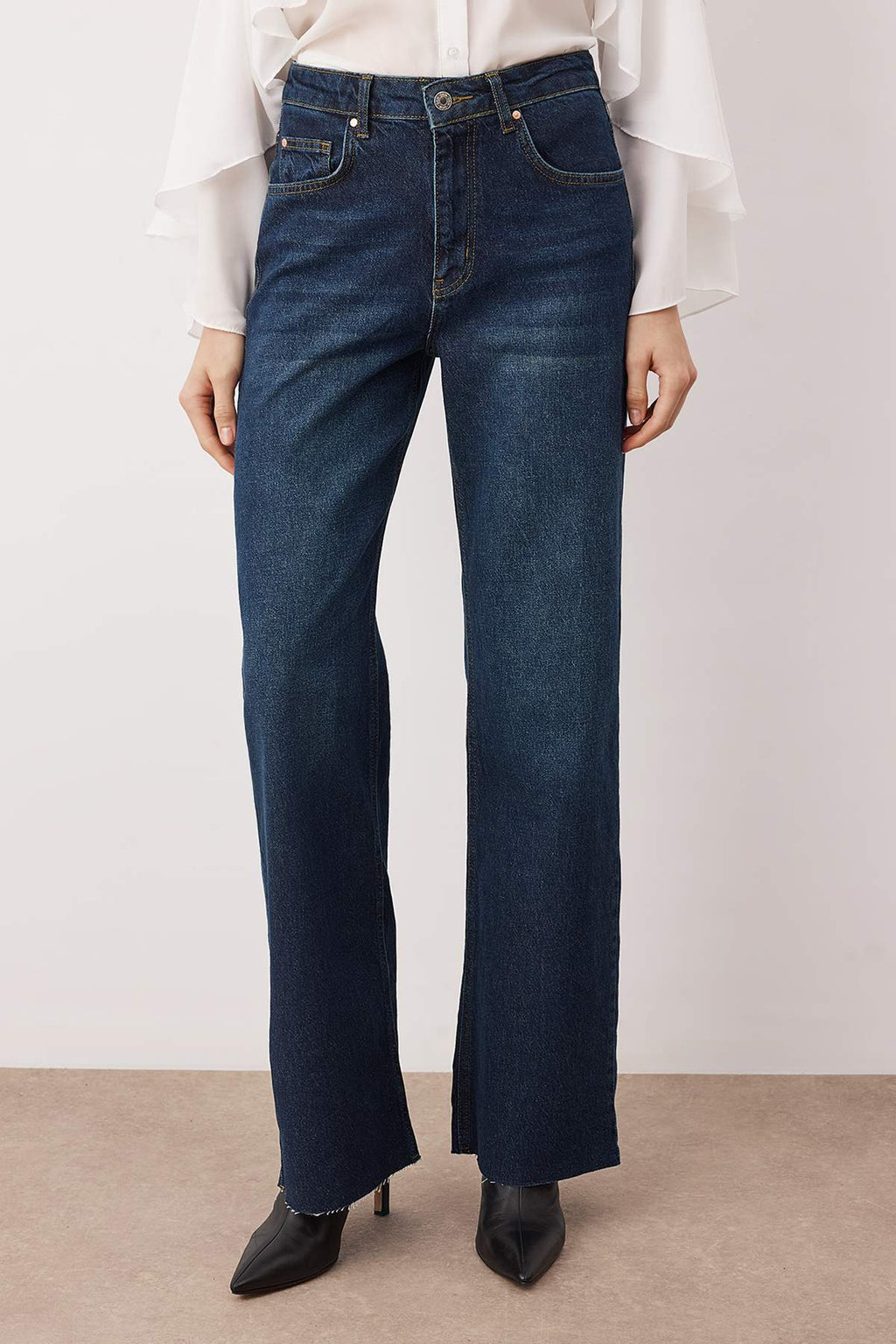 Trendyolmilla Koyu Mavi Yüksek Bel Comfort Paçası Kesikli Wide Leg Palazzo Jeans TWOAW26JE00081
