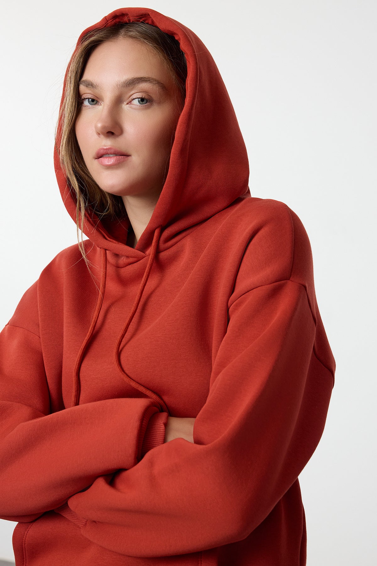 Trendyolmilla Kiremit Kalın İçi Polarlı Oversize/Geniş Kalıp Kapüşonlu Basic Örme Sweatshirt TWOAW24SW00103
