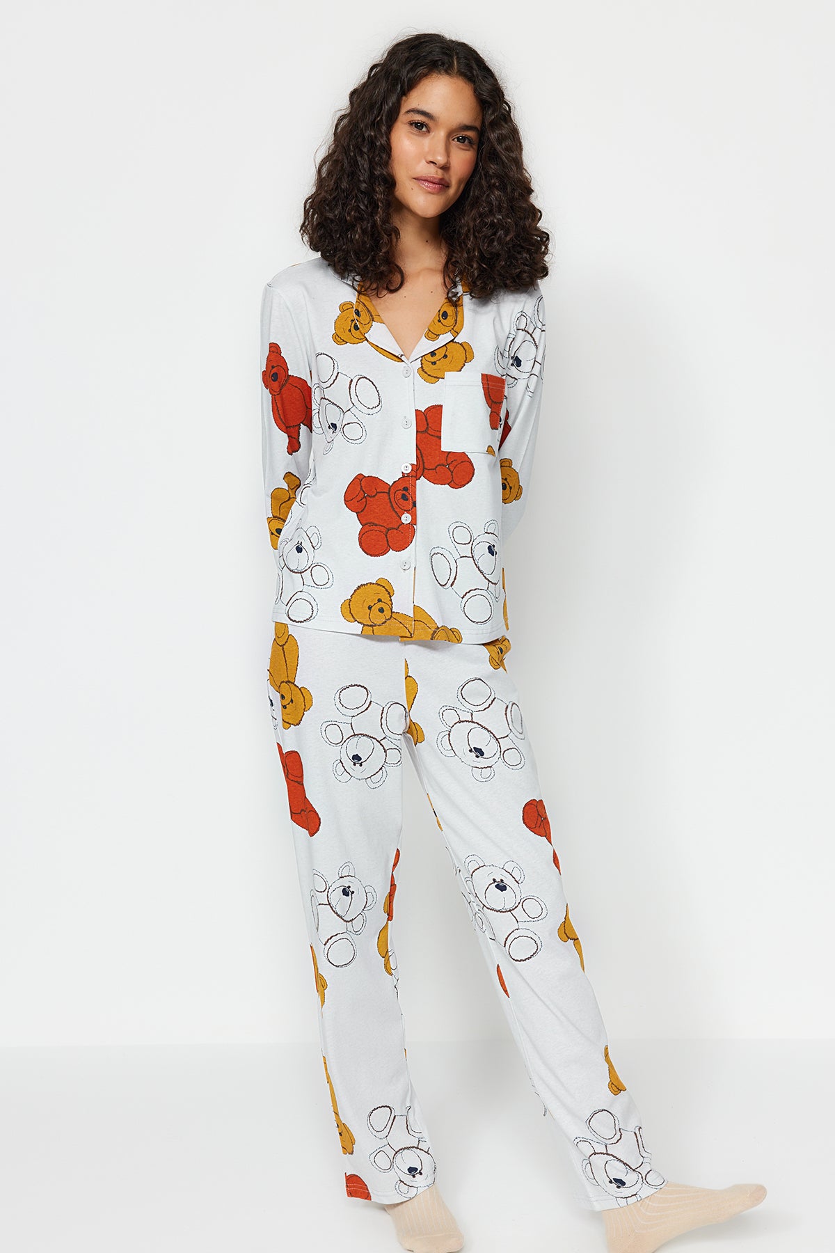 Trendyolmilla Koyu Yeşil %100 Pamuklu Tavşan Desenli Gömlek-Pantolon Örme Pijama Takımı THMAW24PT00002