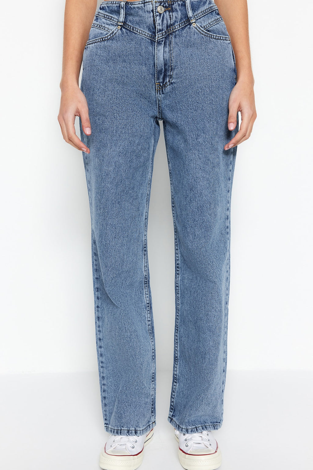 Trendyolmilla Koyu Mavi Bel Detaylı Yüksek Bel Wide Leg Jeans TWOSS21JE0385