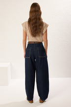 Trendyolmilla Ekru Kahverengi Kemerli Dikiş Detaylı Yüksek Bel Barrel Baggy Jeans TWOSS25JE00182