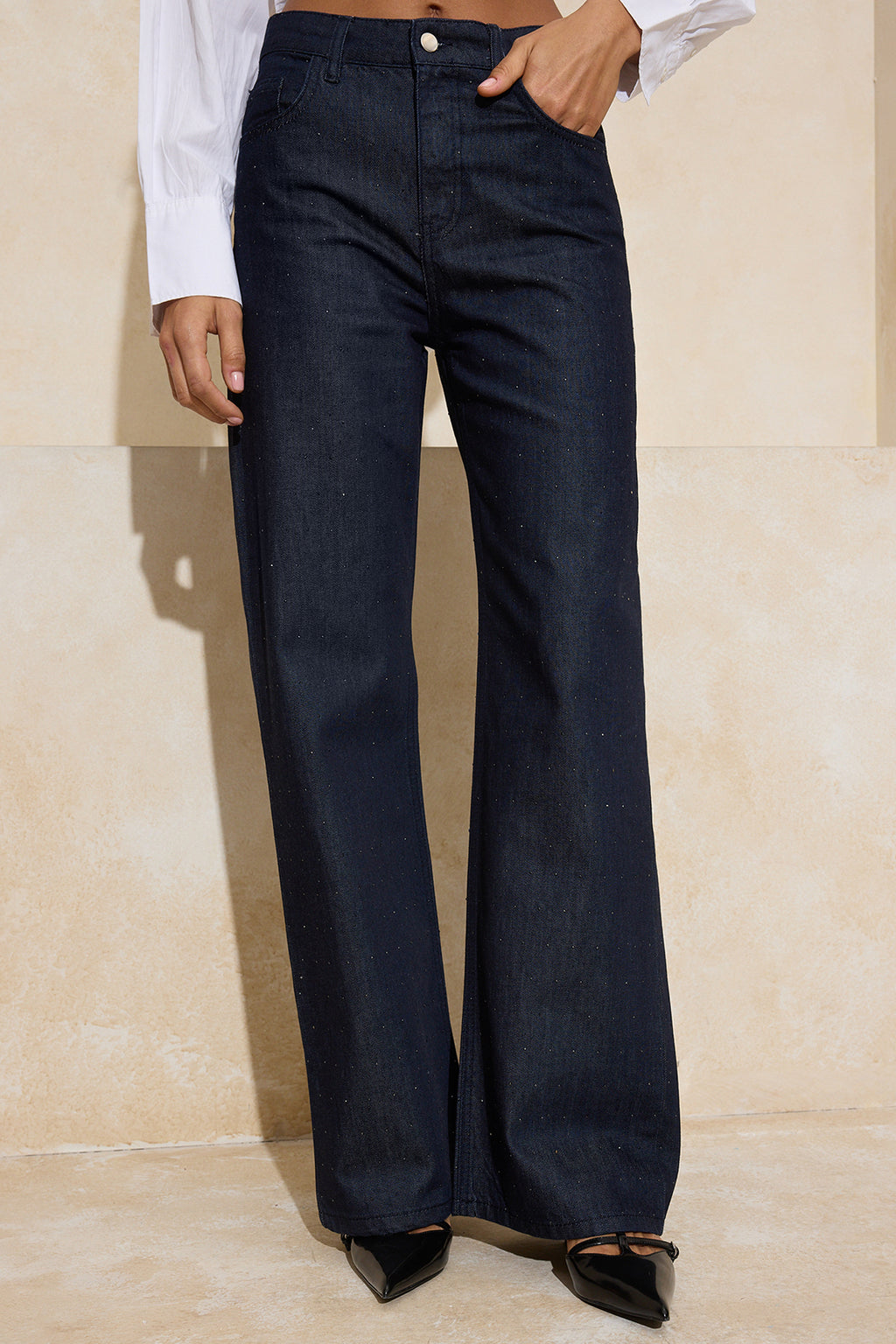 Koyu Mavi %100 Pamuk Taşlı Uzun Boy Yüksek Bel Raw Wide Leg Jeans TWOSS26JE00072