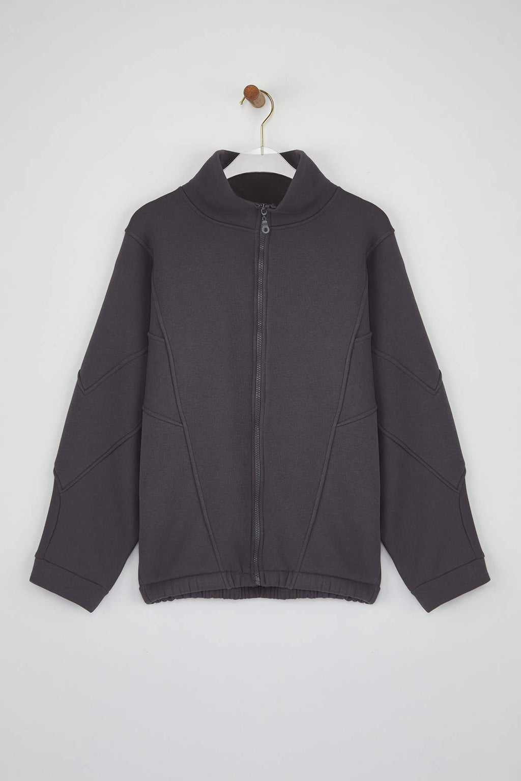 Trendyolmilla Kar Melanj Fermuarlı Dikiş Detaylı Dik Yaka Bomber Örme Sweatshirt TWOAW26SW00037