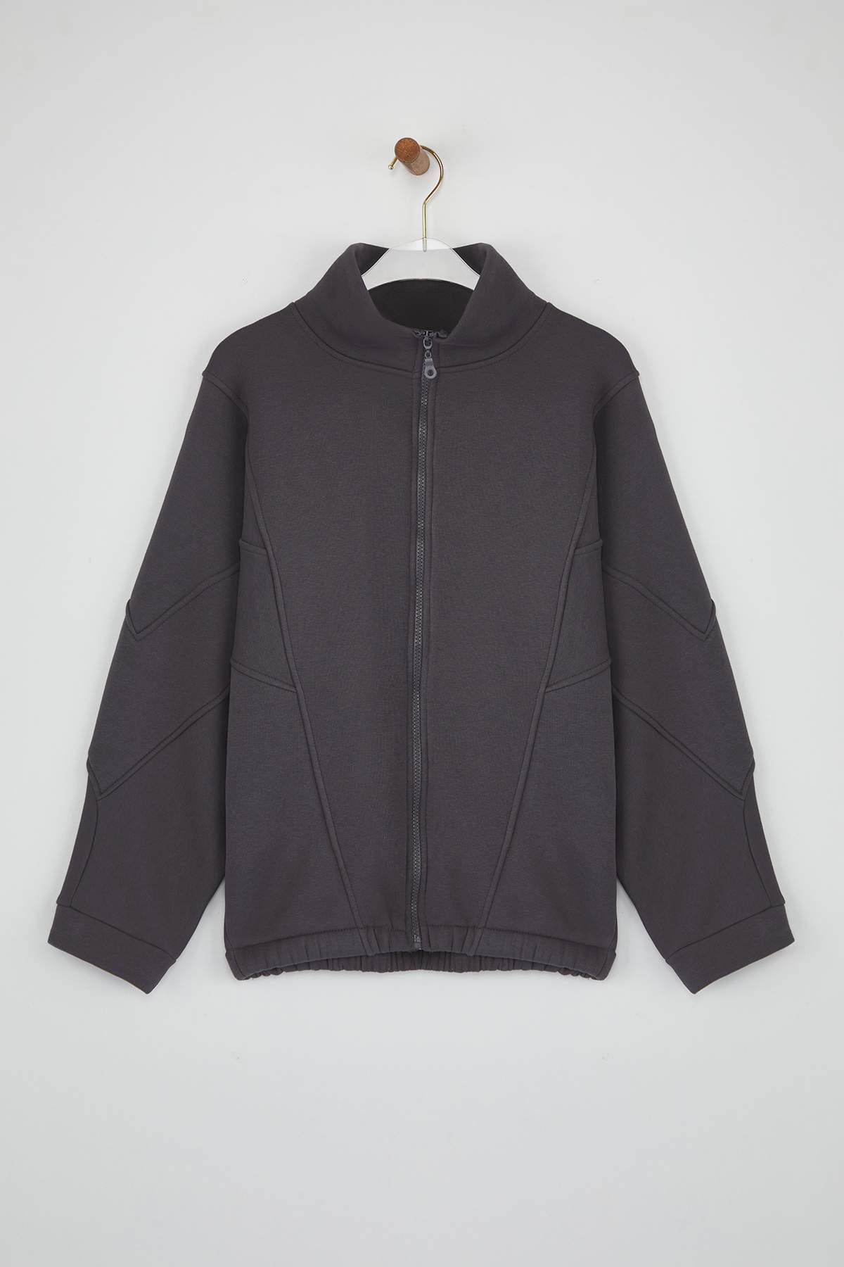 Gri Melanj Bordo Renk Bloklu Fermuarlı Dik Yaka Oversize Bomber Örme Sweatshirt TWOAW26SW00037