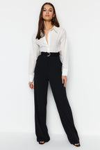 Trendyolmilla Koyu Kahverengi Kemerli Wideleg/Geniş Paça Yüksek Bel Smart Krep Kumaş Örme Pantolon TWOSS23PL00330